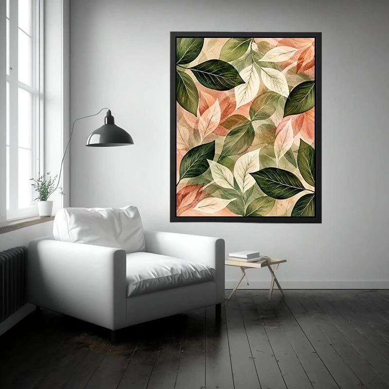 Soft watercolor botanical leaf wall art with sage green and blush foliage