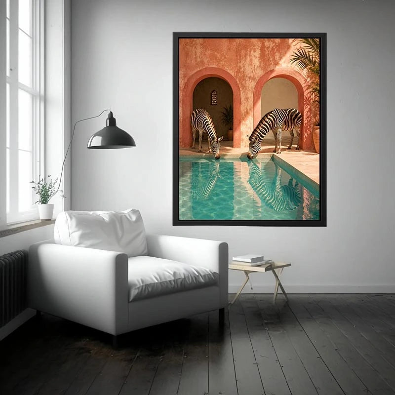 Luxury zebra wall art beside a turquoise pool with terracotta arches