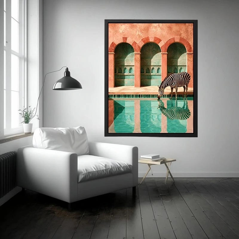 Luxury zebra wall art with turquoise pool reflection and terracotta arches