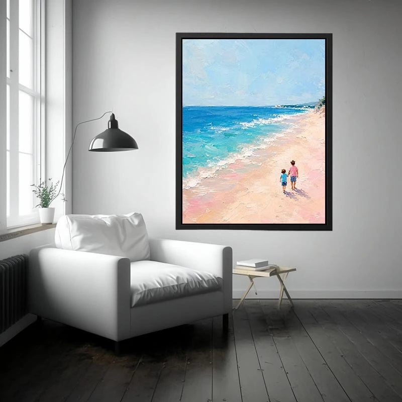 Textured pastel beach painting featuring two children walking along a turquoise shoreline under a soft blue sky