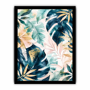 Tropical botanical watercolor wall art with layered monstera leaves and elegant gold leaf accents