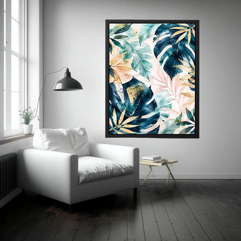 Tropical botanical watercolor wall art with layered monstera leaves and elegant gold leaf accents