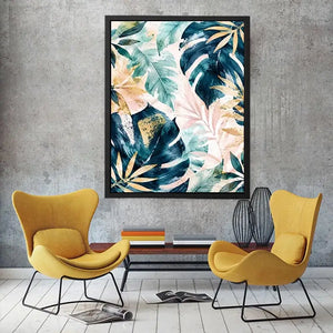 Tropical botanical watercolor wall art with layered monstera leaves and elegant gold leaf accents