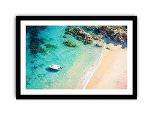 Tropical lagoon coastal painting with turquoise waters, sandy beach, and white boat floating near rocky shoreline