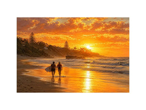 Golden sunset beach painting featuring two surfers walking along reflective shoreline waves at sunset