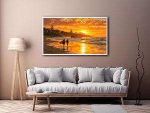 Golden sunset beach painting featuring two surfers walking along reflective shoreline waves at sunset