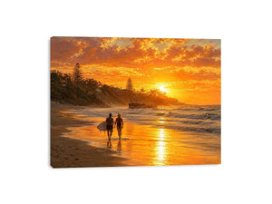 Golden sunset beach painting featuring two surfers walking along reflective shoreline waves at sunset