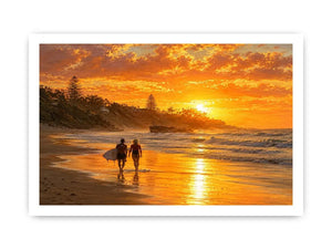 Golden sunset beach painting featuring two surfers walking along reflective shoreline waves at sunset