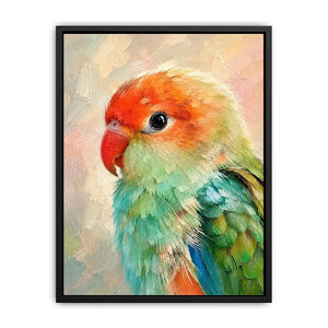 Pastel lovebird portrait painting with vibrant mint green and coral feathers in textured brushstroke style