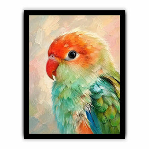 Pastel lovebird portrait painting with vibrant mint green and coral feathers in textured brushstroke style