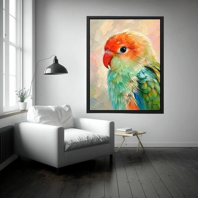 Pastel lovebird portrait painting with vibrant mint green and coral feathers in textured brushstroke style