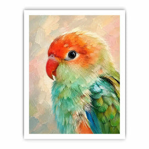 Pastel lovebird portrait painting with vibrant mint green and coral feathers in textured brushstroke style