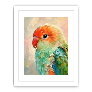 Pastel lovebird portrait painting with vibrant mint green and coral feathers in textured brushstroke style