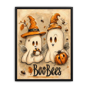 Cute Halloween ghost painting with whimsical bees, pumpkins, and textured autumn-inspired artwork