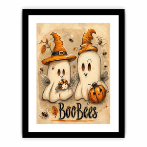 Cute Halloween ghost painting with whimsical bees, pumpkins, and textured autumn-inspired artwork