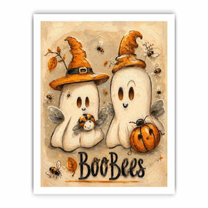 Cute Halloween ghost painting with whimsical bees, pumpkins, and textured autumn-inspired artwork