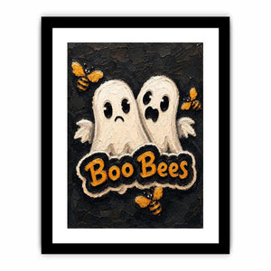 Spooky cute Halloween artwork featuring ghost characters and buzzing bees on a textured black background