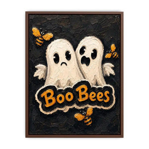 Spooky cute Halloween artwork featuring ghost characters and buzzing bees on a textured black background
