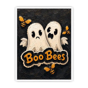 Spooky cute Halloween artwork featuring ghost characters and buzzing bees on a textured black background