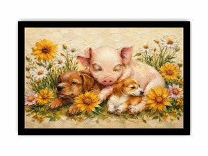 Heartwarming artwork featuring a sleeping piglet and puppies surrounded by blooming wildflowers in textured painterly style