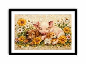 Heartwarming artwork featuring a sleeping piglet and puppies surrounded by blooming wildflowers in textured painterly style