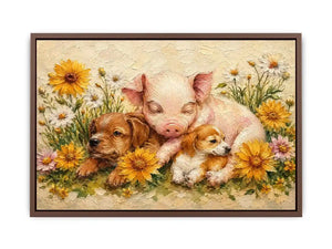 Heartwarming artwork featuring a sleeping piglet and puppies surrounded by blooming wildflowers in textured painterly style