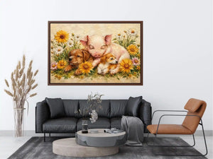 Heartwarming artwork featuring a sleeping piglet and puppies surrounded by blooming wildflowers in textured painterly style