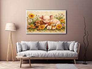 Heartwarming artwork featuring a sleeping piglet and puppies surrounded by blooming wildflowers in textured painterly style