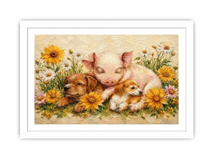 Heartwarming artwork featuring a sleeping piglet and puppies surrounded by blooming wildflowers in textured painterly style