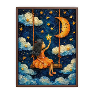 Whimsical artwork of a young girl on a swing reaching toward glowing stars beneath a crescent moon in a dreamy night sky