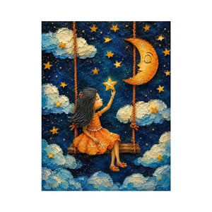 Whimsical artwork of a young girl on a swing reaching toward glowing stars beneath a crescent moon in a dreamy night sky