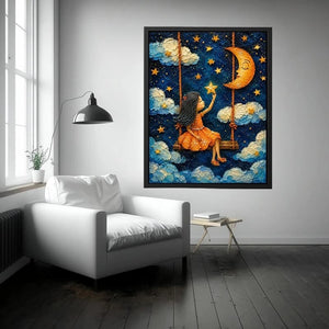 Whimsical artwork of a young girl on a swing reaching toward glowing stars beneath a crescent moon in a dreamy night sky