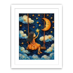 Whimsical artwork of a young girl on a swing reaching toward glowing stars beneath a crescent moon in a dreamy night sky