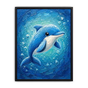 Charming blue dolphin surrounded by bubbles in a textured underwater ocean-inspired painting