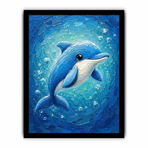 Charming blue dolphin surrounded by bubbles in a textured underwater ocean-inspired painting