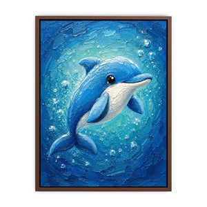 Charming blue dolphin surrounded by bubbles in a textured underwater ocean-inspired painting