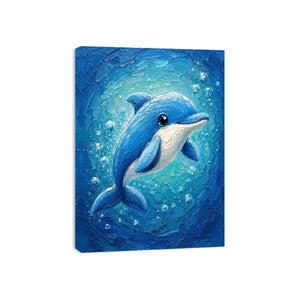 Charming blue dolphin surrounded by bubbles in a textured underwater ocean-inspired painting