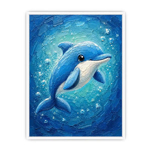 Charming blue dolphin surrounded by bubbles in a textured underwater ocean-inspired painting