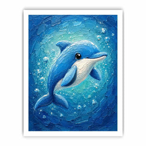 Charming blue dolphin surrounded by bubbles in a textured underwater ocean-inspired painting
