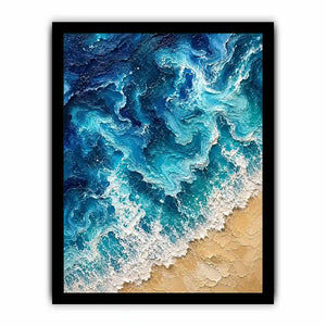 Textured abstract ocean waves crashing onto a sandy shoreline in rich turquoise and deep blue tones