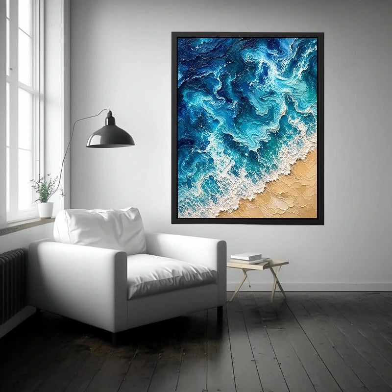 Textured abstract ocean waves crashing onto a sandy shoreline in rich turquoise and deep blue tones
