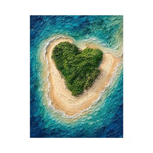 Textured aerial artwork of a lush heart-shaped tropical island surrounded by turquoise ocean waves
