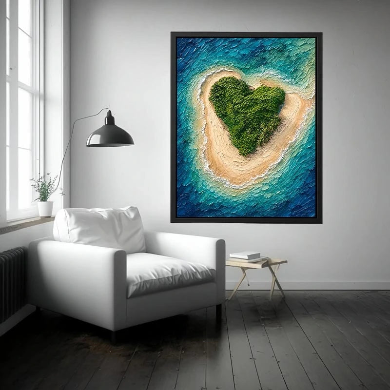 Textured aerial artwork of a lush heart-shaped tropical island surrounded by turquoise ocean waves