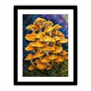 Textured woodland artwork featuring vibrant golden mushrooms growing in a lush fantasy forest setting