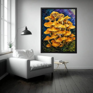 Textured woodland artwork featuring vibrant golden mushrooms growing in a lush fantasy forest setting