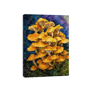 Textured woodland artwork featuring vibrant golden mushrooms growing in a lush fantasy forest setting