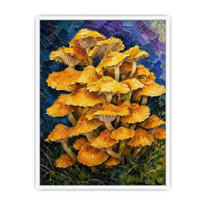Textured woodland artwork featuring vibrant golden mushrooms growing in a lush fantasy forest setting