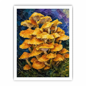 Textured woodland artwork featuring vibrant golden mushrooms growing in a lush fantasy forest setting