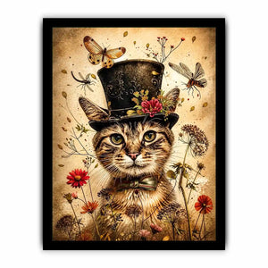 Vintage cat portrait wall art canvas with top hat, flowers, and insects, whimsical botanical decor for living room or bedroom