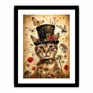 Vintage cat portrait wall art canvas with top hat, flowers, and insects, whimsical botanical decor for living room or bedroom